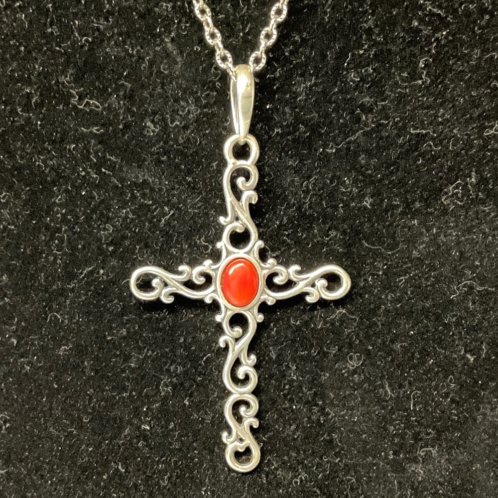 Carolyn Pollack Relios Coral Gemstone Filigree Cross Pendant